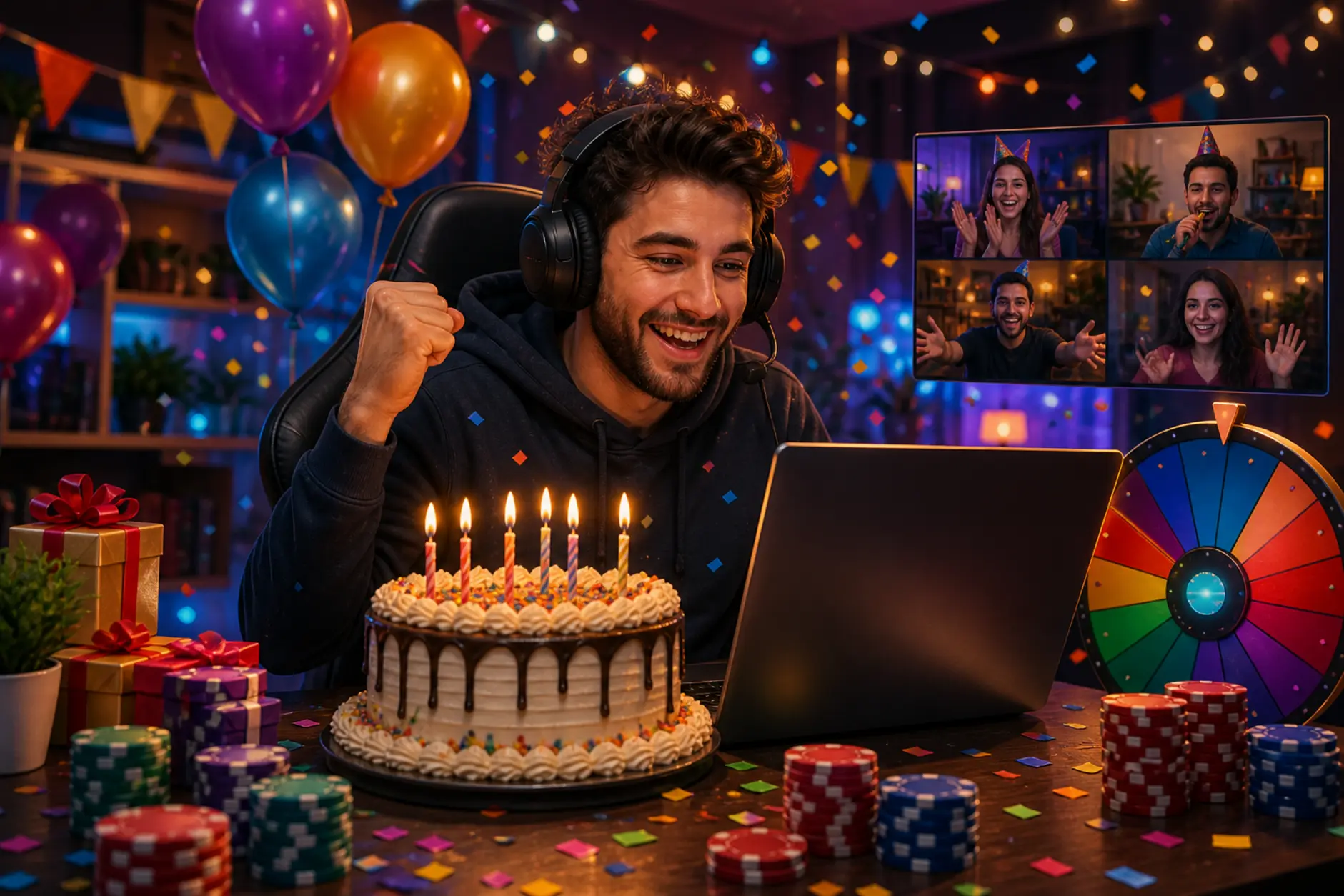 Gracz świętujący urodziny online przy laptopie z tortem i konfetti