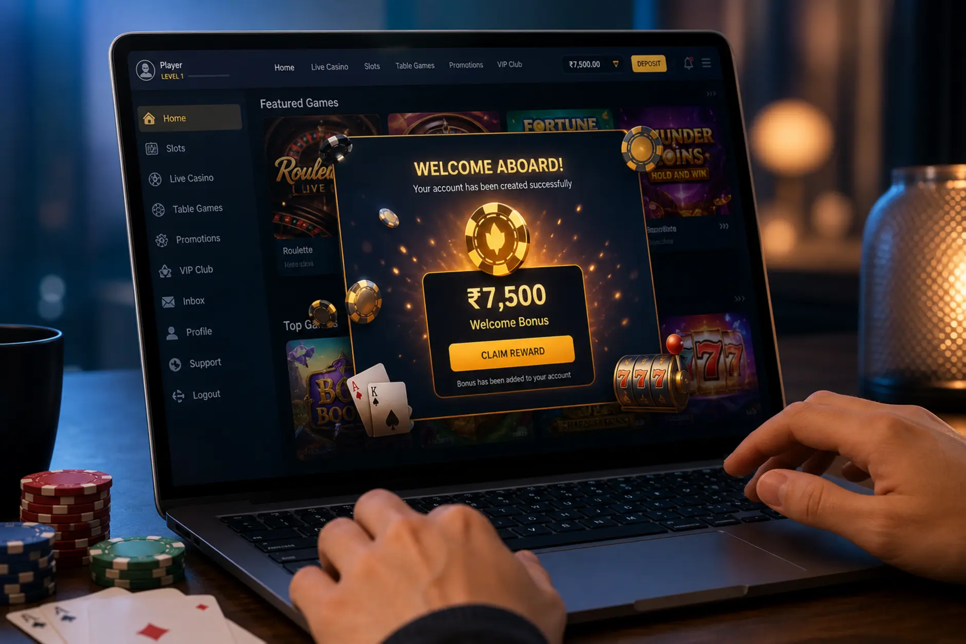 Nowy gracz odbiera bonus powitalny podczas rejestracji
