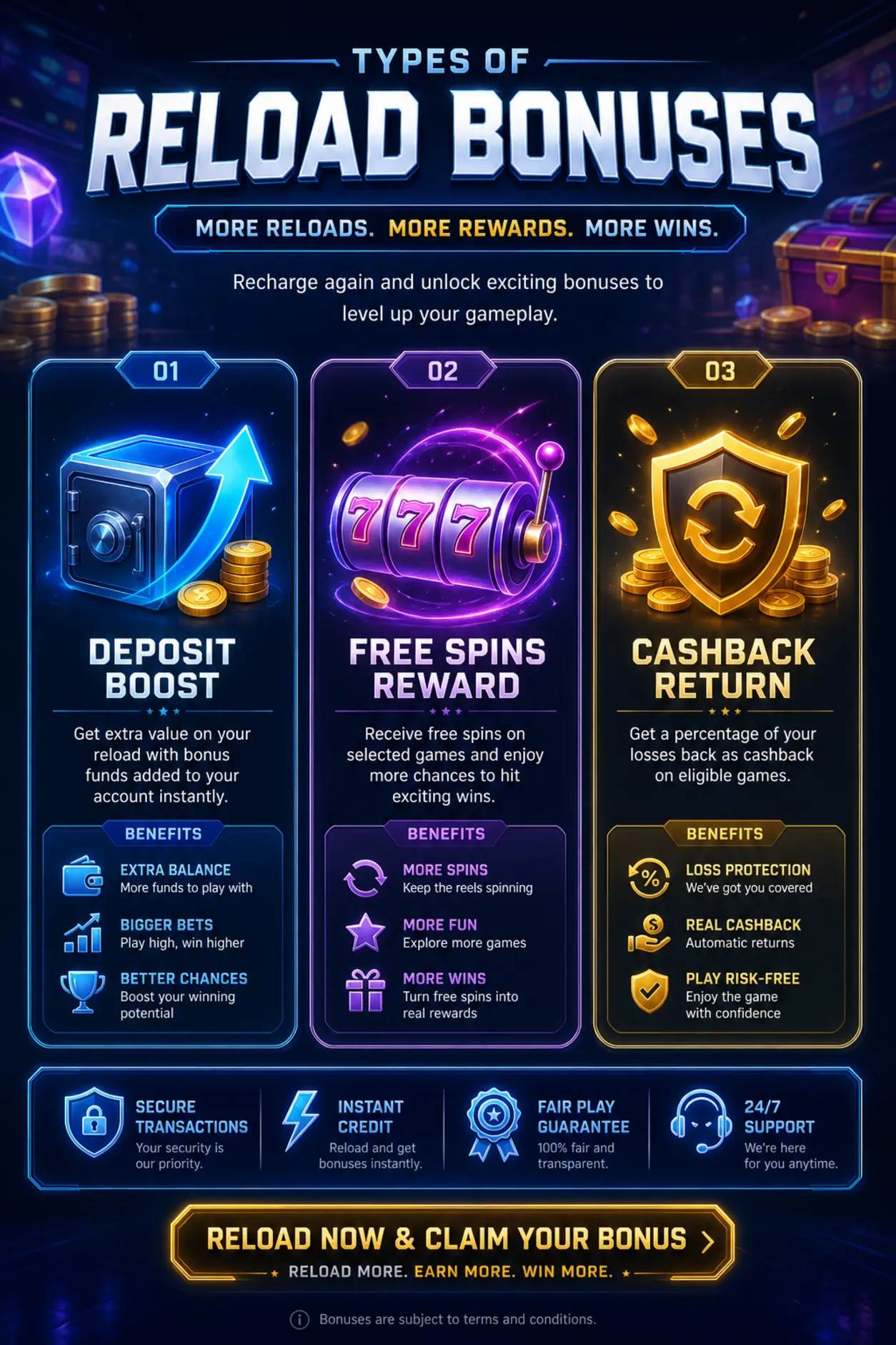 Rodzaje bonus&oacute;w reload: depozyt, free spiny i cashback