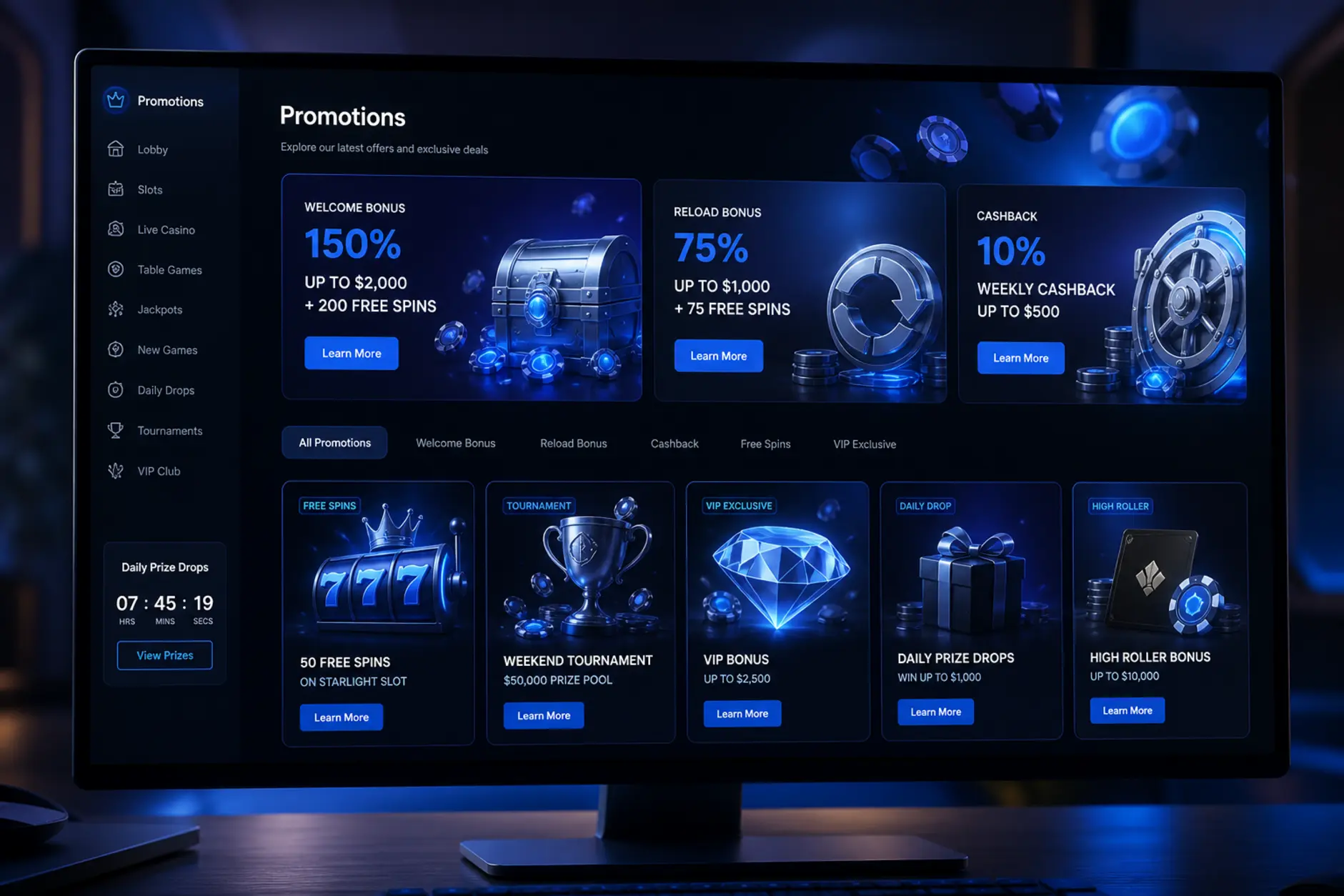 Sekcja bonusów GGbet Ekran sekcji promocji GGbet w ciemnym interfejsie