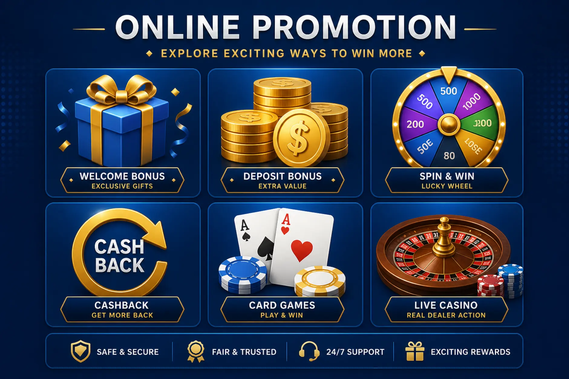 Różne rodzaje bonusów online przedstawione ikonami