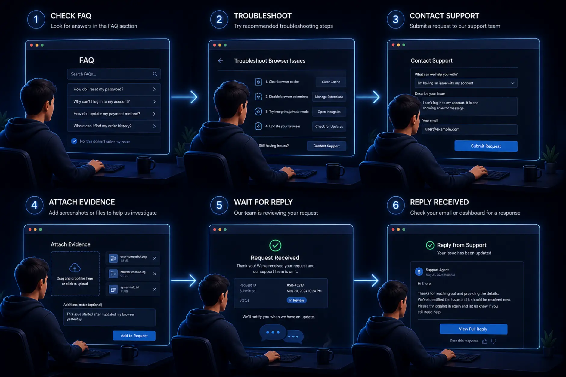 Schemat krok po kroku rozwiązywania problemu z pomocą supportu online